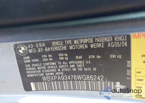 2006 BMW X3 3.0I из США, поврежденный, VIN WBXPA93476WG86242